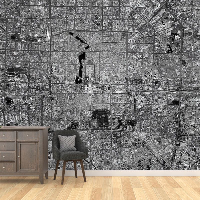 Dark Grey Urban Map Mural Wallpaper Stain-Resistant Wall Covering for Accent Wall