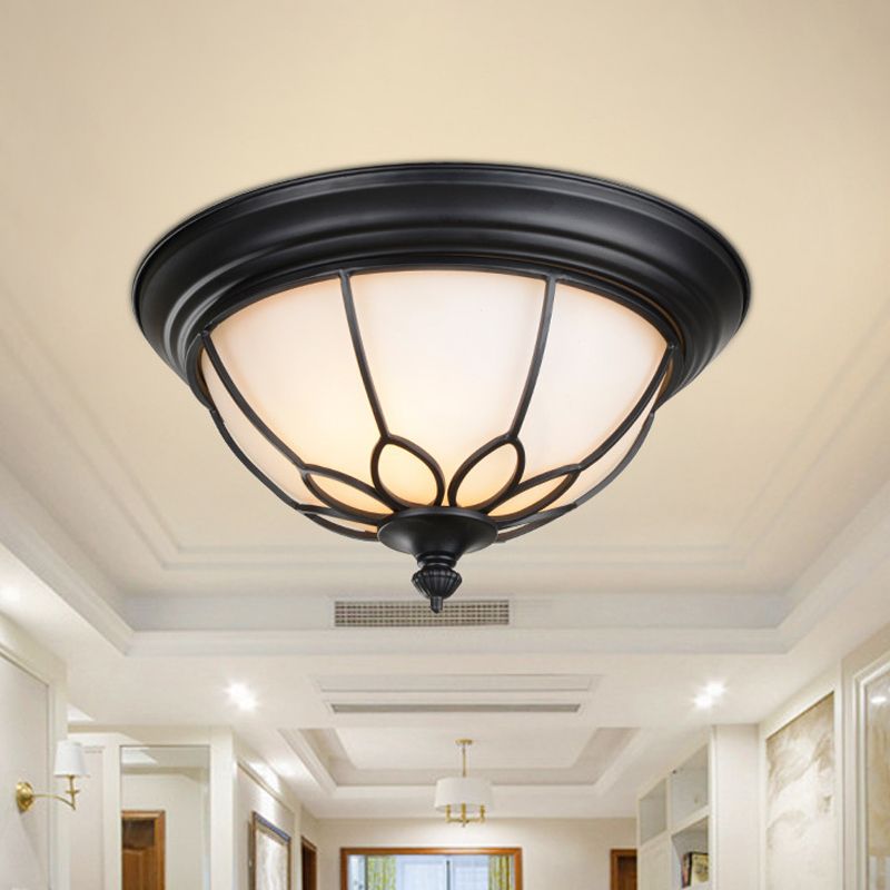 6"/7"/8.5" W Retro Hemisphere Flush Light Opal Frosted Glass LED Flush Mount Ceiling Lamp with Cage Guard in Black/Gold