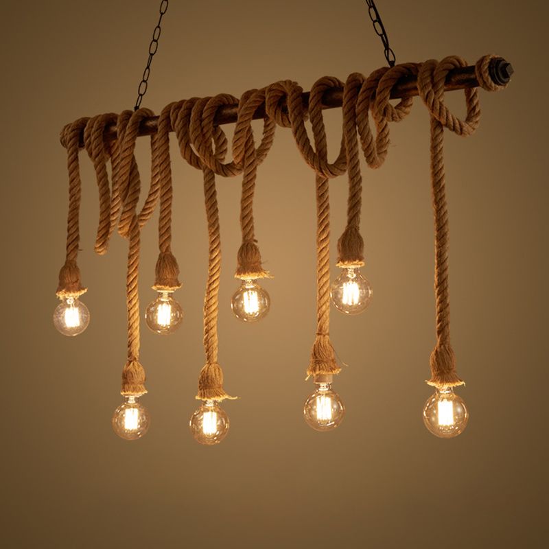 Vintage Hemp Rope Chandelier Industrial Retro Linear Exposed Bulb Pipe Pendant for Restaurant
