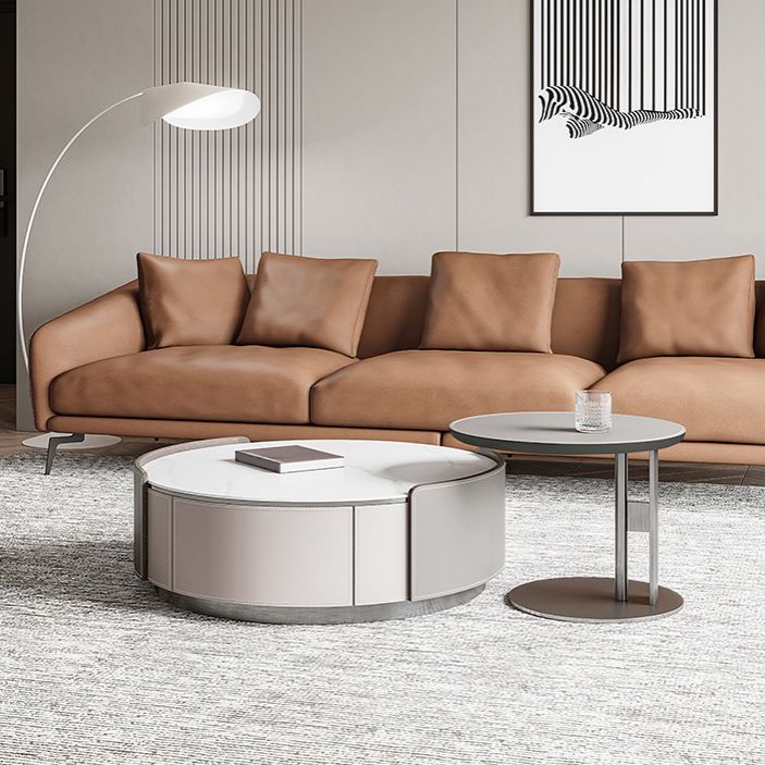 Slate and Leather Drum Coffee Table Modern Round Cocktail Table Set with Storage