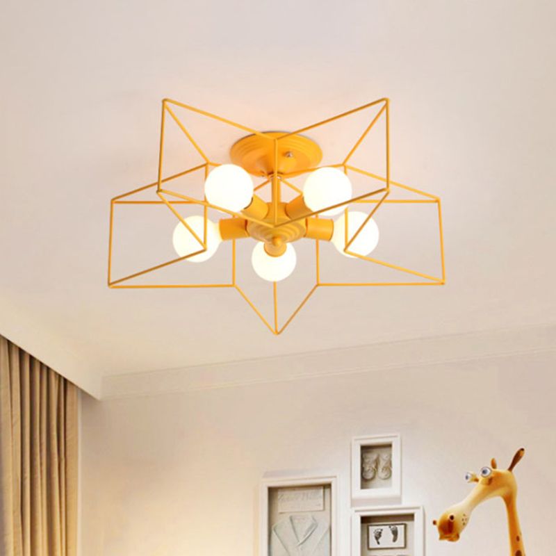 5 Bulbs Semi-Flush Ceiling Fixture with Star Cage Shade Metallic Loft Stylish Indoor Semi Flush Light in Grey/Pink