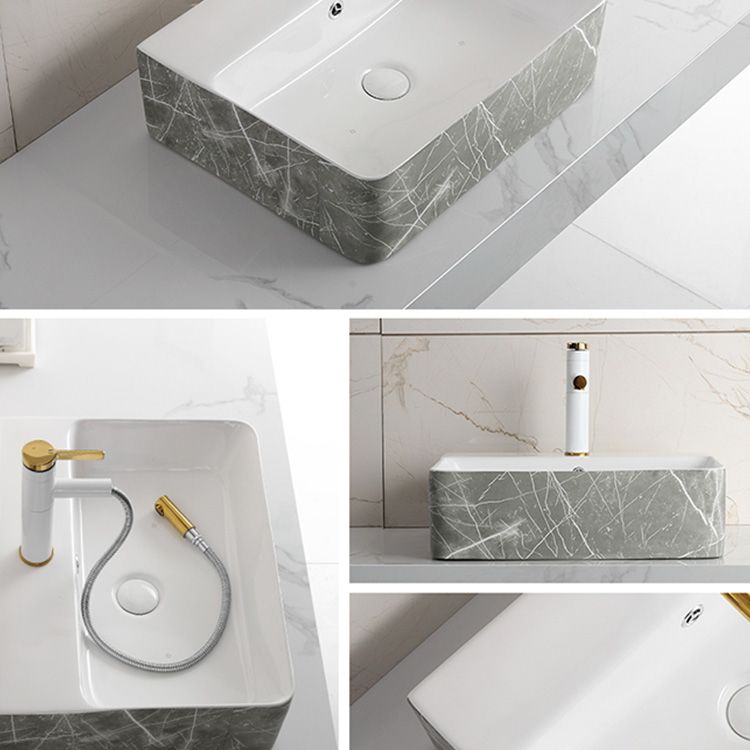 Modern Bathroom Sink Ceramic Marble Pattern Round Bathroom Sink with Pulling Faucet