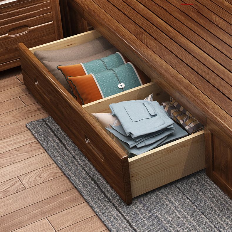 Walnut Solid Color Panel Bed Mid-Century Modern Standard Bed with Headboard