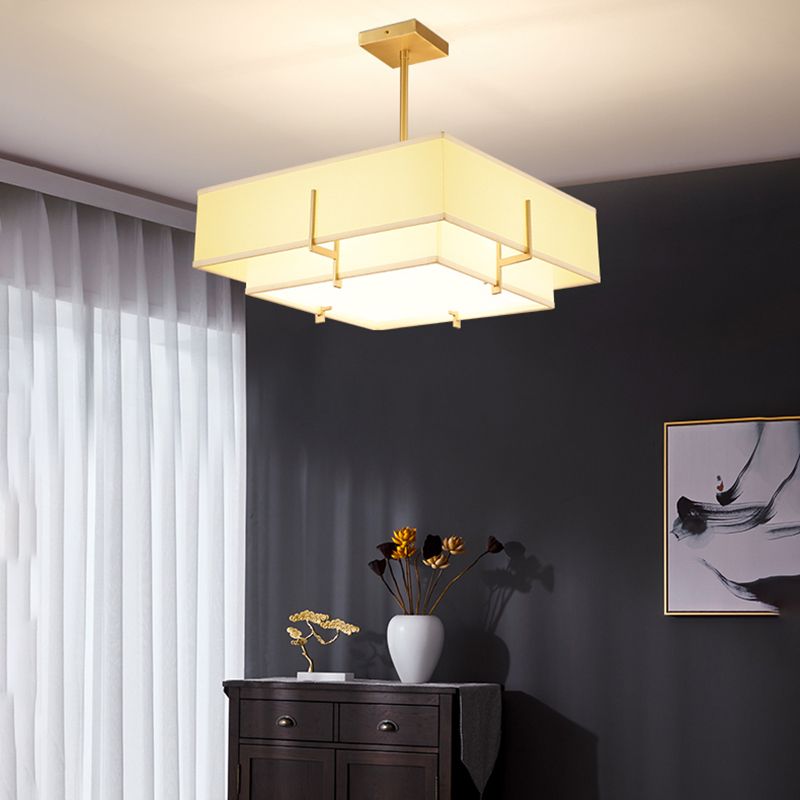 Brass Geometric Pendant Lamp Classic Fabric Chandelier for Living Room