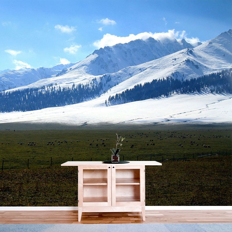 Full Size Modern Mural Blue Animal Farm by the Snow Mountain Wall Decor, Custom Printed