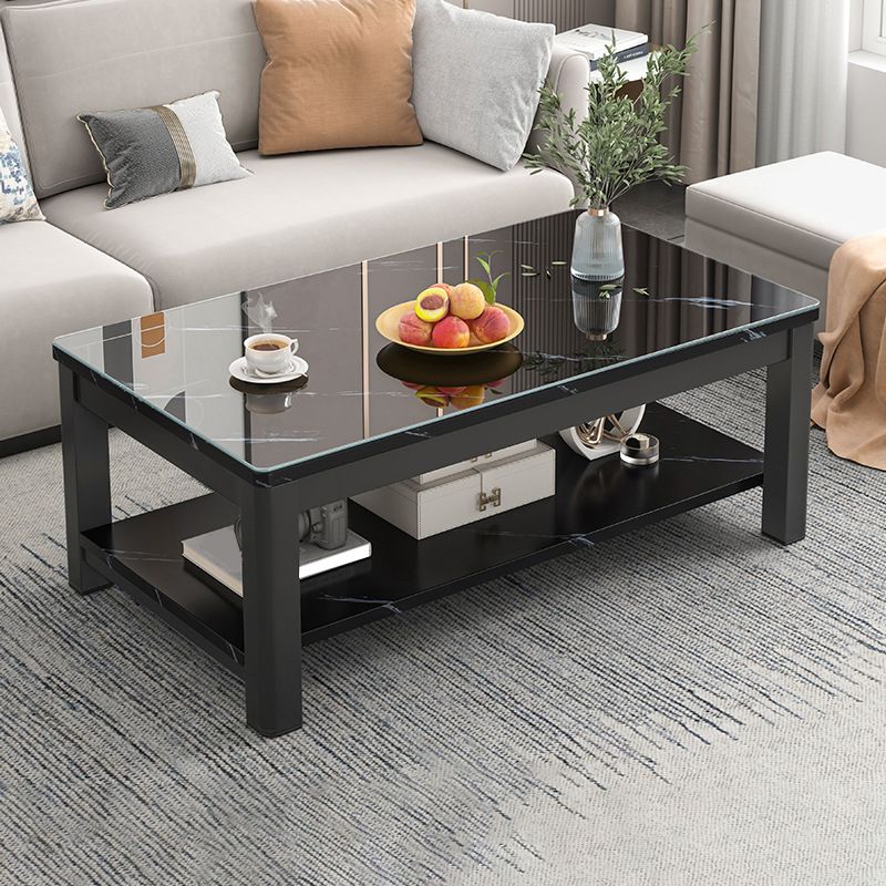 Contemporary Glass 4 Legs Coffee Table 1-Shelf Simple Cocktail Table