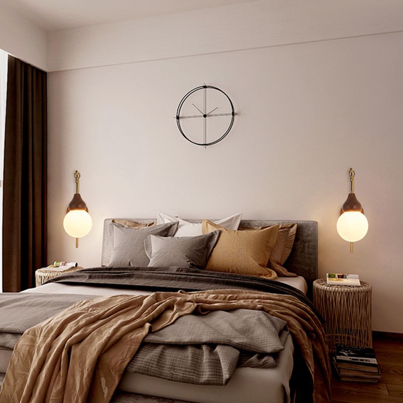 Globe Wood Wall Lamp 1-Light Contemporary Glass Armed Wall Mount Lamp for Bedroom