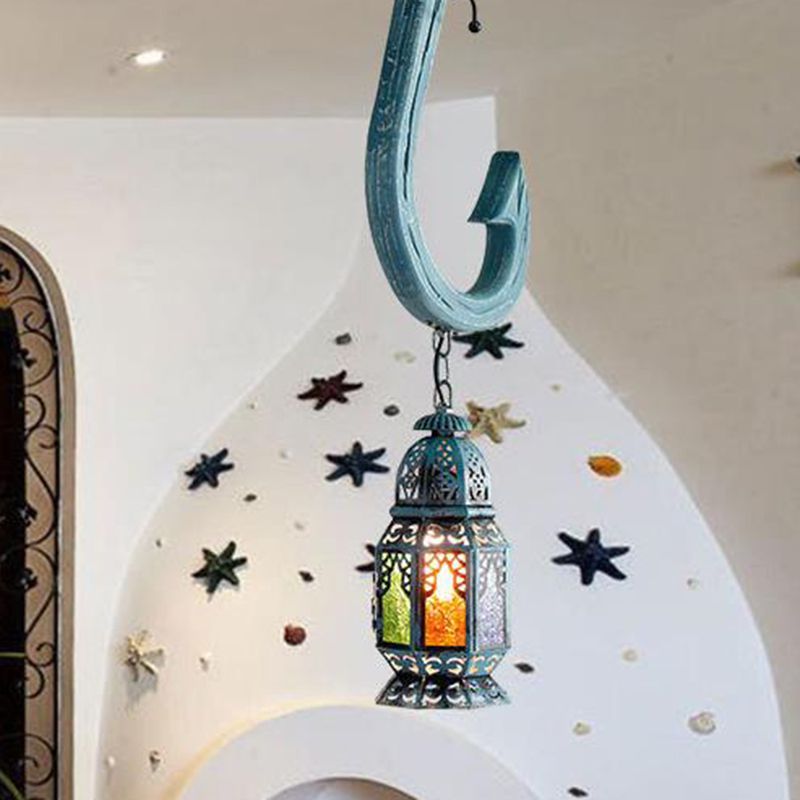 Art Deco Lantern Pendant Lighting 1 Head Stained Glass Suspension Light in Blue with Wooden Hook Rod