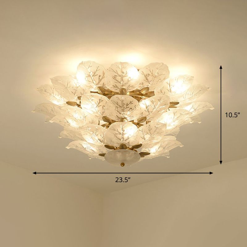 Leafy Semi Flush Mount Lamp Contemporary Frost Glass 10-Light Living Room Ceiling Fixture in Gold