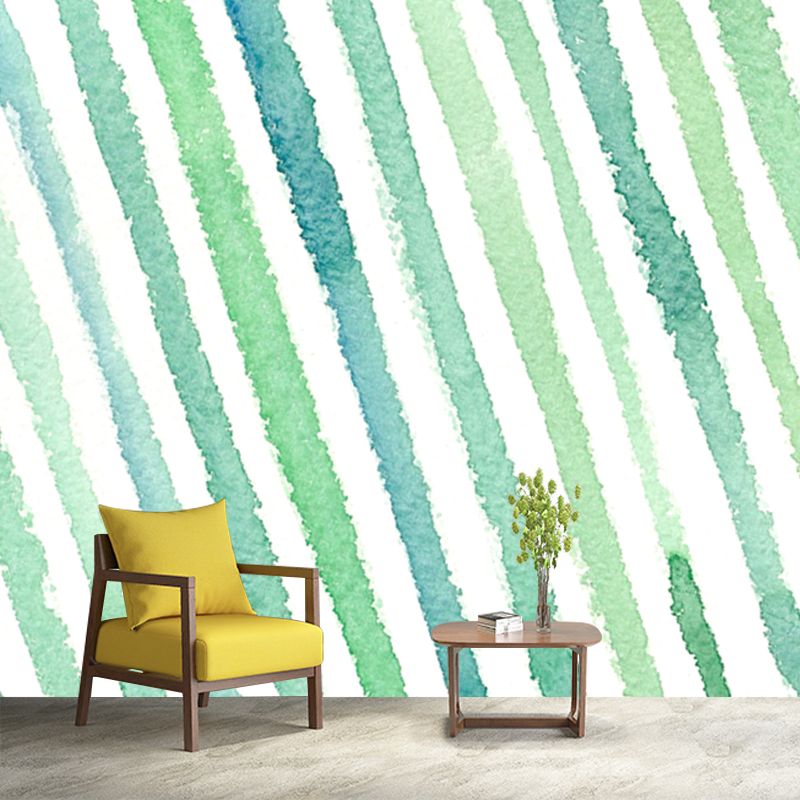 Green Watercolor Striped Mural Wallpaper Moisture Resistant Wall Art for Living Room
