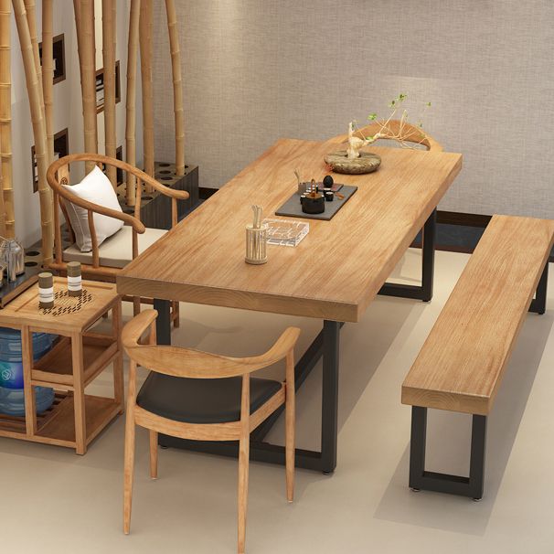 Metal Industrial Rectangle Dining Table Wood Top Table with Trestle Base