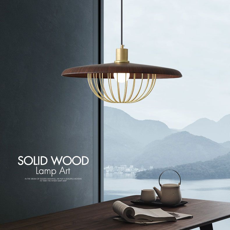 1-licht houten eenvoud hangend licht met gouden ijzeren kooi schaduw moderne stijl slaapkamer verlichting armatuur