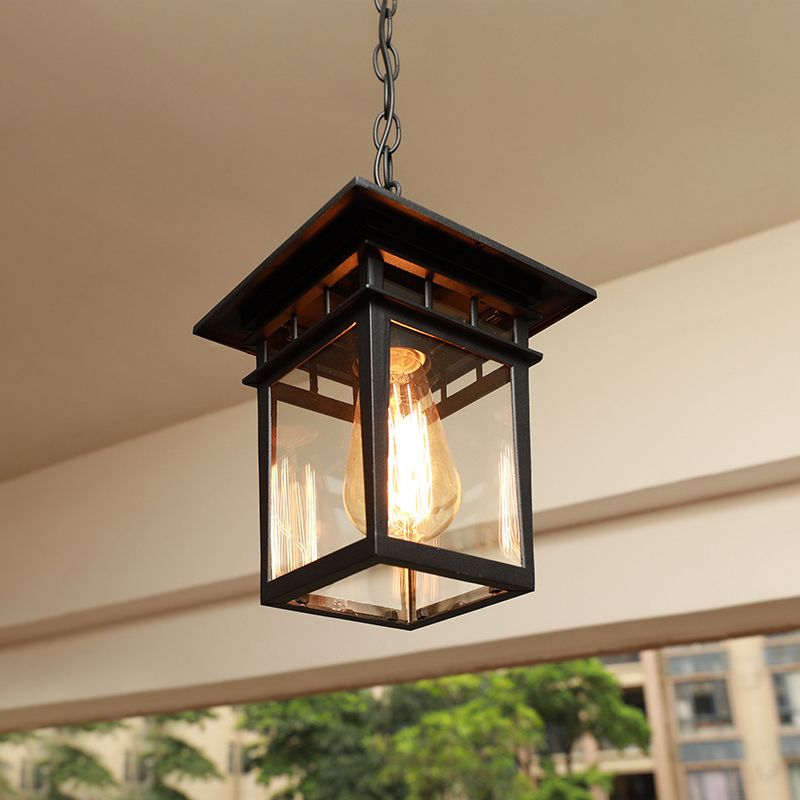 1 Head Lantern Pendant Light Farmhouse Brass/Black Finish Clear Glass Ceiling Hang Fixture for Passage