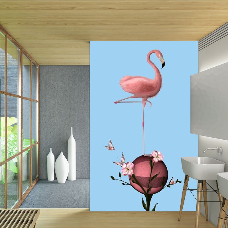 Full Size Modern Wall Mural Decal Pink-Blue Flamingo Stand on Flower Ball Wall Covering, Custom Size