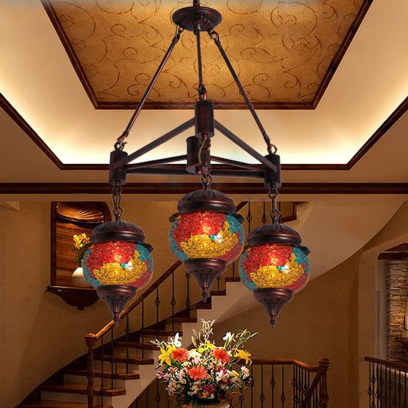 3 Bulbs Ball Chandelier Pendant Lighting Traditional Red-Yellow-Blue Glass Hanging Lamp Kit for Living Room