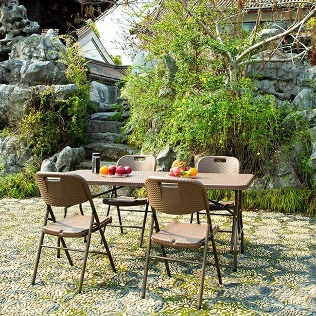 Modern Rattan Patio Dining Table 1/3/5 PCS Brown Dining Set with Collapsible Table