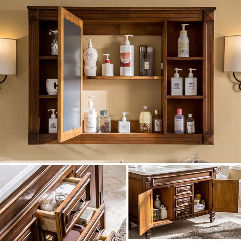 2 Doors Vanity Wood Frame Mirror Freestanding Oval Single Sink Drawers Bath Vanity