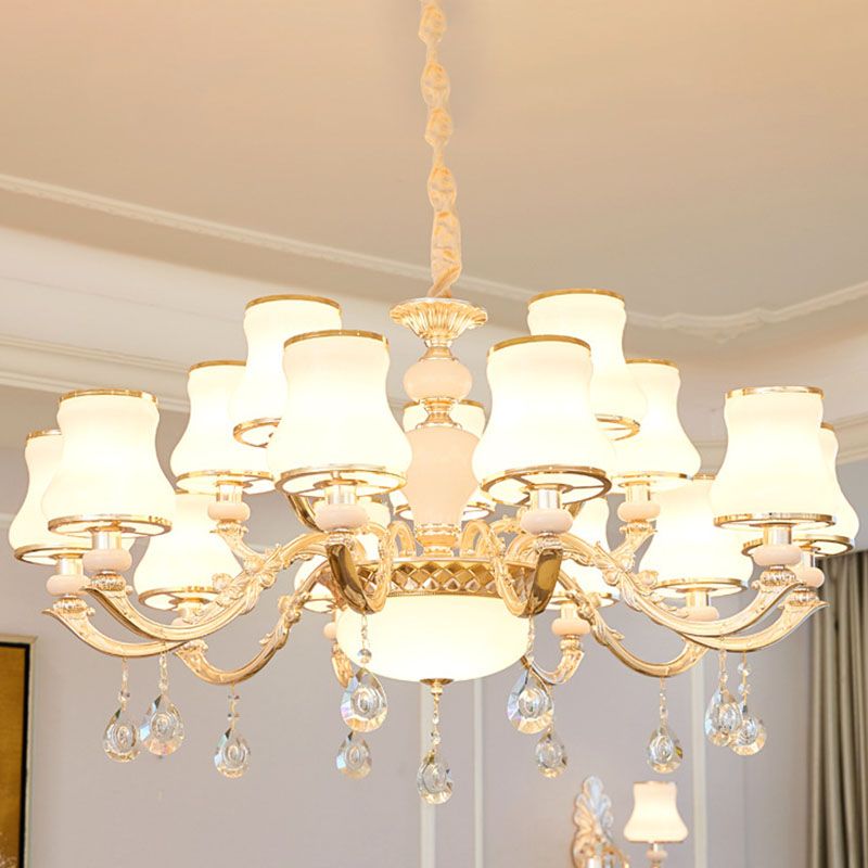 Luz de lámpara de araña simple Gold Curvado Down Lighting Pendse con sombra de vidrio esmerilado blanco