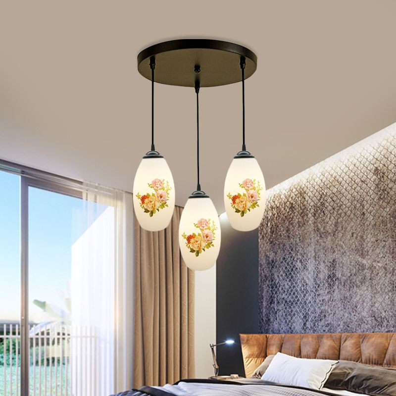 Minimalism Oval Multi Lamp Pendant 3 Heads White Frosted Glass Suspension Light in Black with Linear/Round Canopy