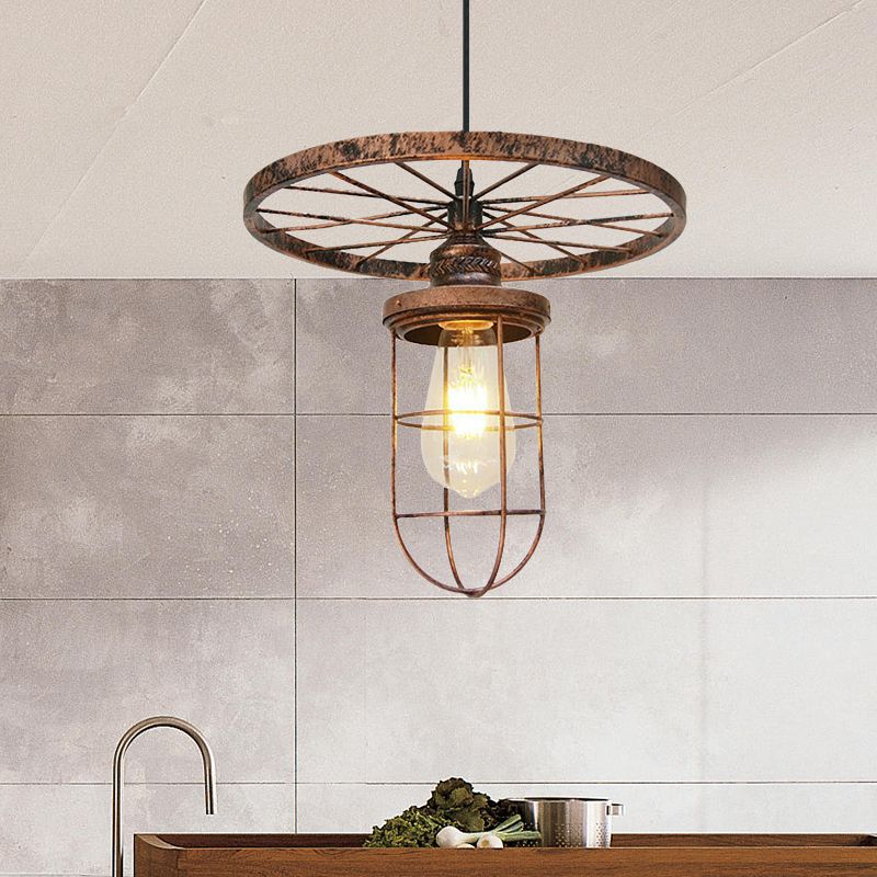 Bronze Wire Frame Hanging Lamp Industrial Stylish Wrought Iron 1 Light Restaurant Ceiling Light with Wheel