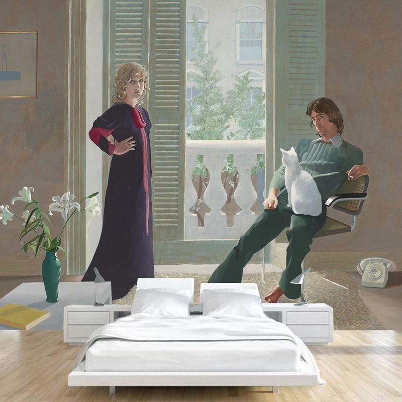 Full Size Modern Art Murals in Brown Hockney Painting of Mr and Mrs Clark and Percy Wall Covering, Custom-Print