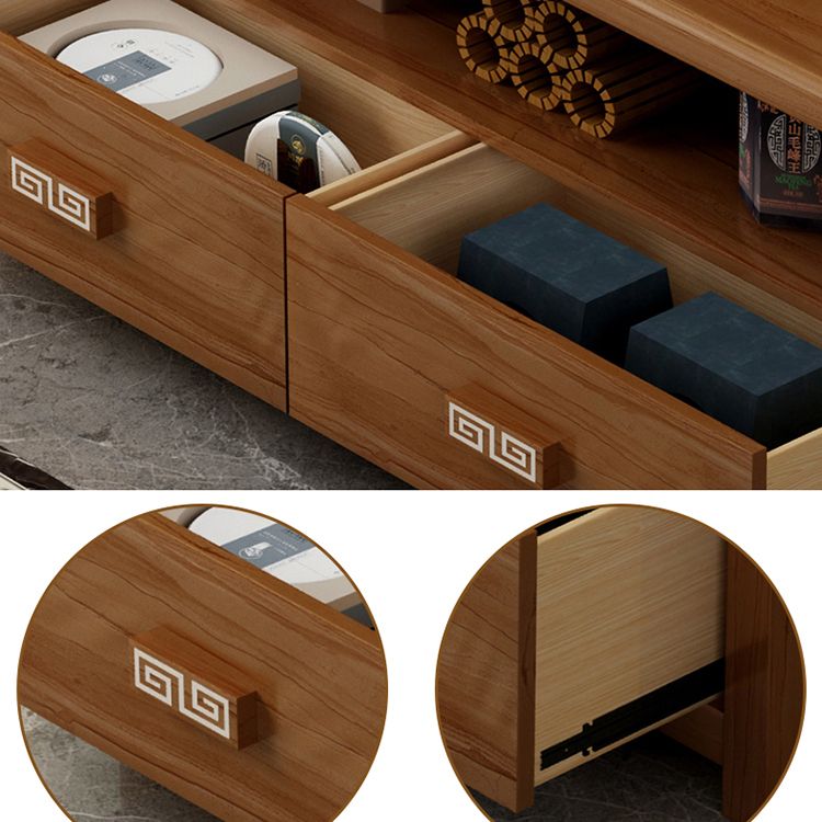 Brown Rubber Wood TV Stand Contemporary Style TV Cabinet with 2 Drawers