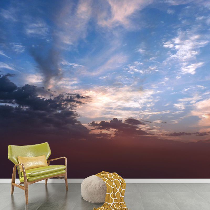 Big Sunset at Desert Mural Indoor Cloud Movement Wall Decor in Sky Blue-White, Washable
