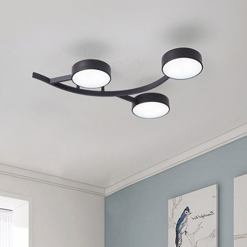Metallic Small Drum Flush Mount Fixture Modernist LED Black Semi Ceiling Flush with Branch Design