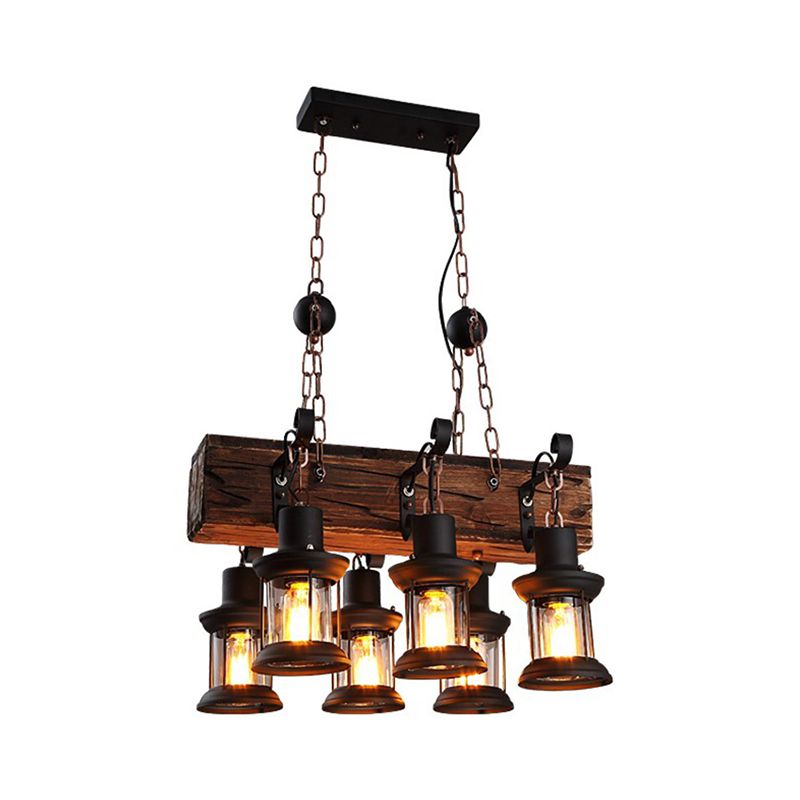 Clear Glass Brown Island Lamp Lantern 6 Lights Farmhouse Ceiling Pendant Light with Wood Block Top