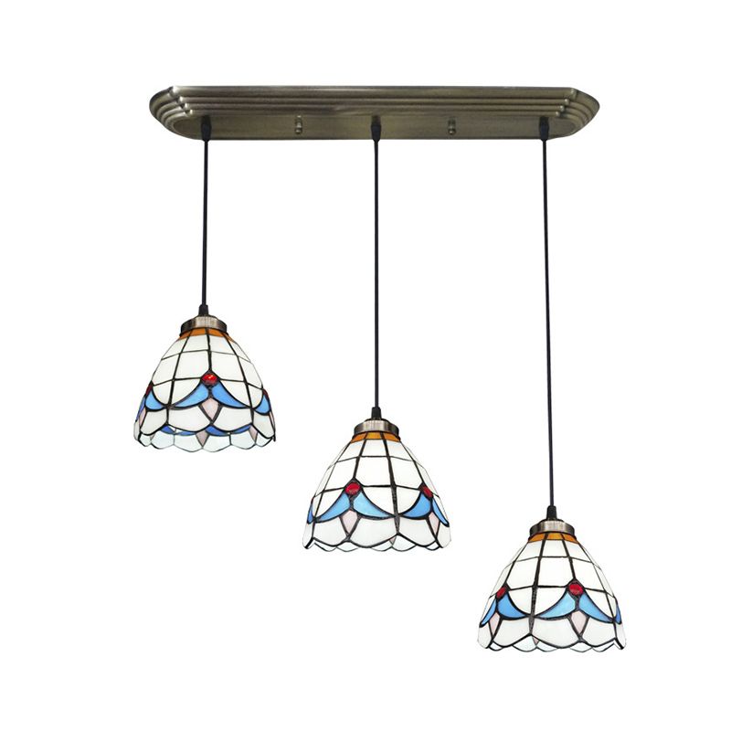 Stained Glass Shaded Hanging Light Traditional 3 Heads Bronze Multi Light Pendant