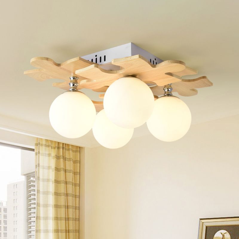 Japanese Round Flush Mount Lighting White Glass 4 Bulbs Bedroom Flush Ceiling Light Fixture with Wooden Decor
