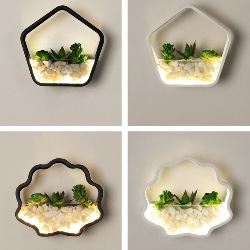 Metal Halo LED Sconce Light Art Deco Wall Mounted Light with Cobblestone and Imitation Plant