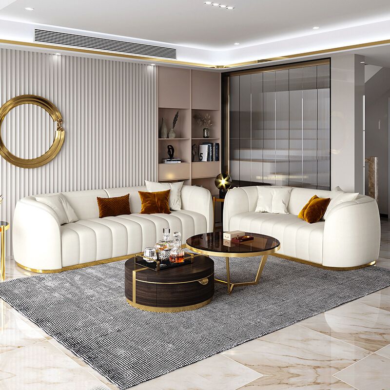 Beige Contemporary Sofa with Pillows Faux Leather Tuxedo Arm Sofa