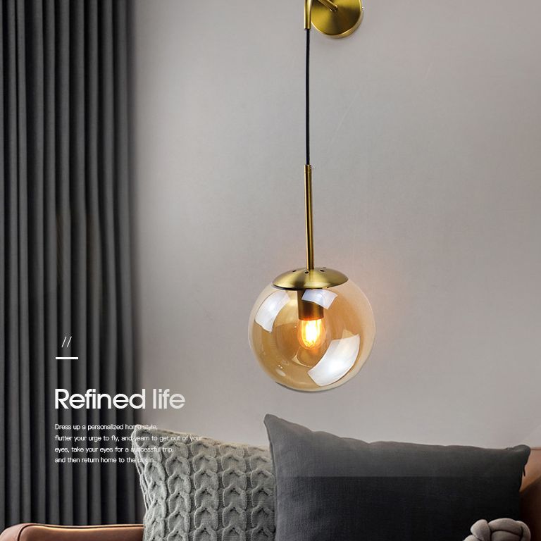Modernism Simplicity Glass Wall Lamp Adjustable Suspension Wire Design Single Bulb Orb Sconce Light for Bedroom