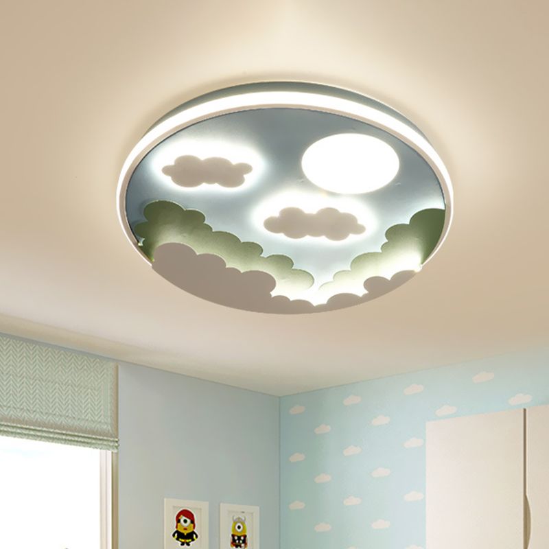 Led Nursery Flush Mount Light Fixture Cartoon Blue Ceiling Lamp with Cloud and Moon Acrylic Shade
