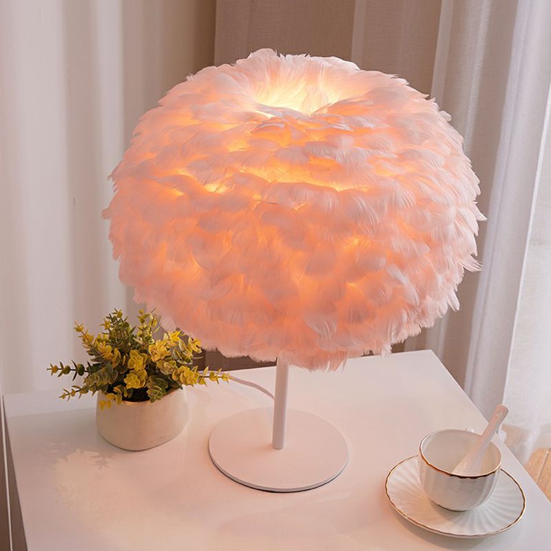 Round Shade Table Lighting Minimalistic Feather 1��Bulb Living Room Nightstand Lamp