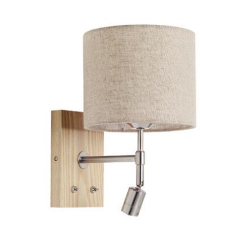 Cylinder Fabric Shade Bedside Reading Wall Light 2-Lights Wooden Simplicity Wall Sconce