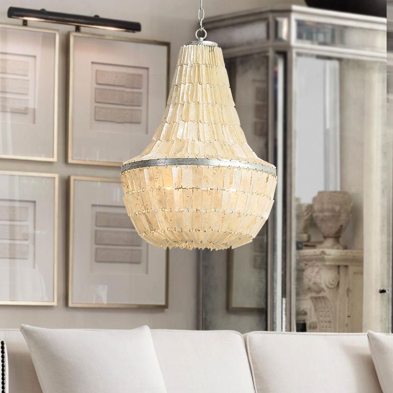 Modernism Gourd Empire Chandelier Shell 3 Heads Hanging Light Fixture in Beige for Bedroom