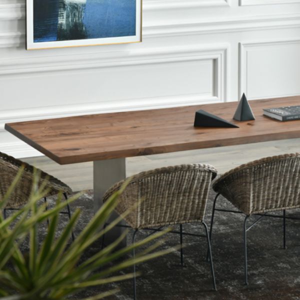 Mesa de comedor rectangular de color madera, mesa de madera maciza de pino, lujo con pedestal doble