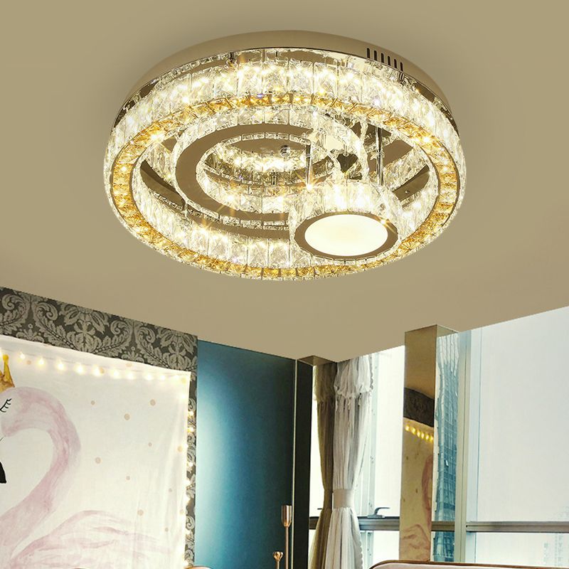 LED Circular Lighting Fixture Modern Stainless-Steel Finish Clear Beveled Crystal Blocks Semi-Flush Mount