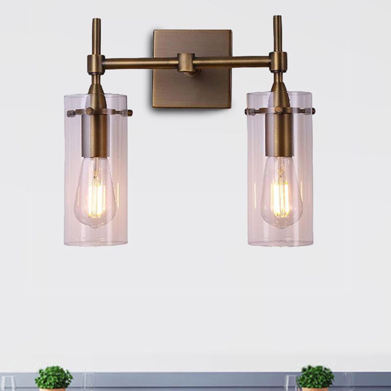Clear Glass Cylinder Wall Sconce Modern 2 Lights Dining Room Lighting Fixture in Aged Brass