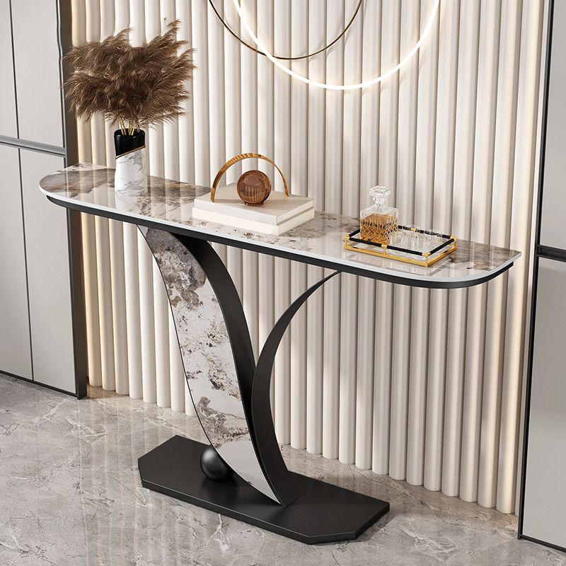 Contemporary Half Moon Console Table with Black Iron Base for Hall