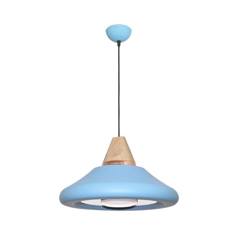 Macaron Wide Flare Down Lighting Metal 1 Bulb Pendant Light Fixture in Blue/Green with Wood Cap