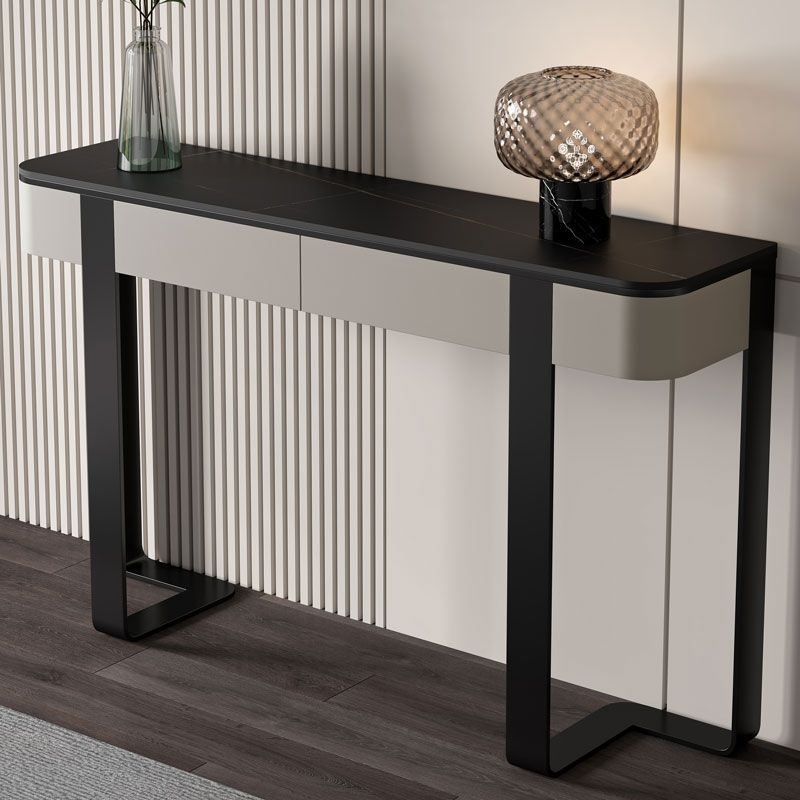 Glam Console Accent Table Antique Finish Half Moon Sofa Table in Stone