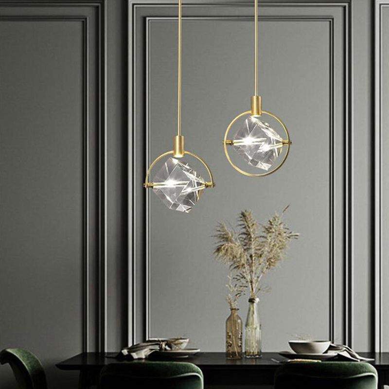 Post-modern Style Mini LED Pendant Light Square Crystal Shade Design Home Decorative Lighting Fixture in Gold