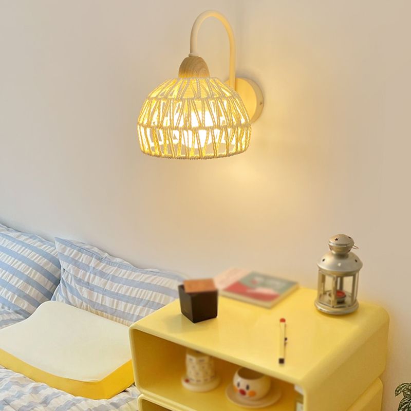 Single Light Wood Wall Sconce Rattan Dome Shade Wall Lighting in White