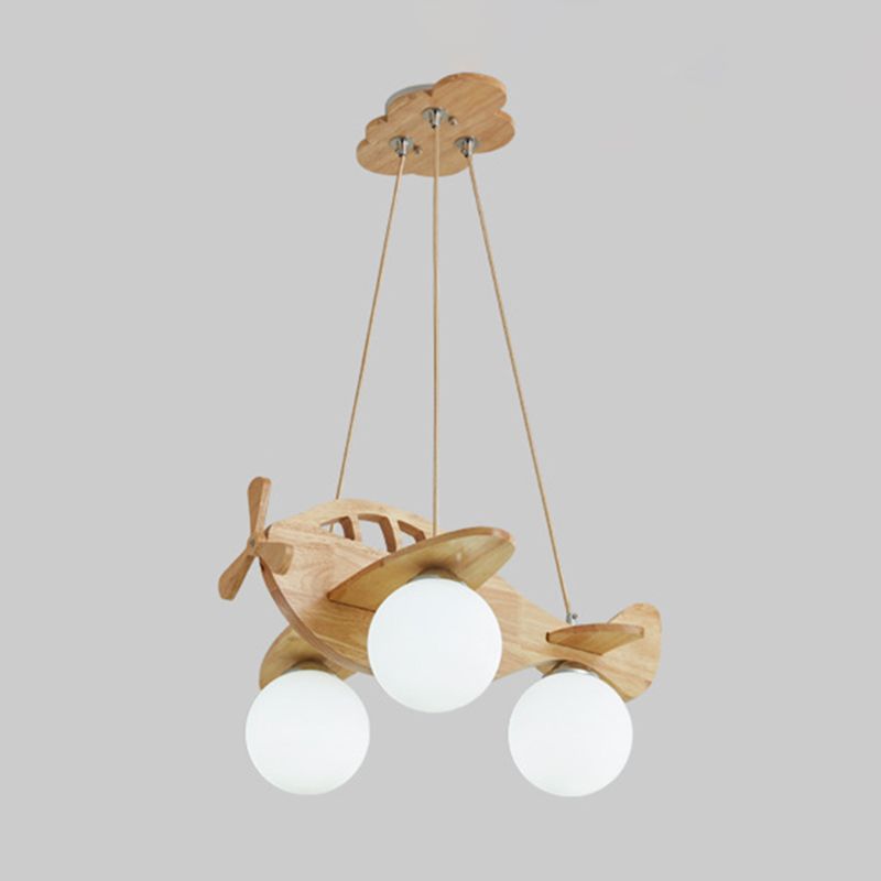 Solid Wood Airplane Shaped Chandelier Light 3-Light White Frosted Glass Ball Shade Lighting Fixture for Children Room