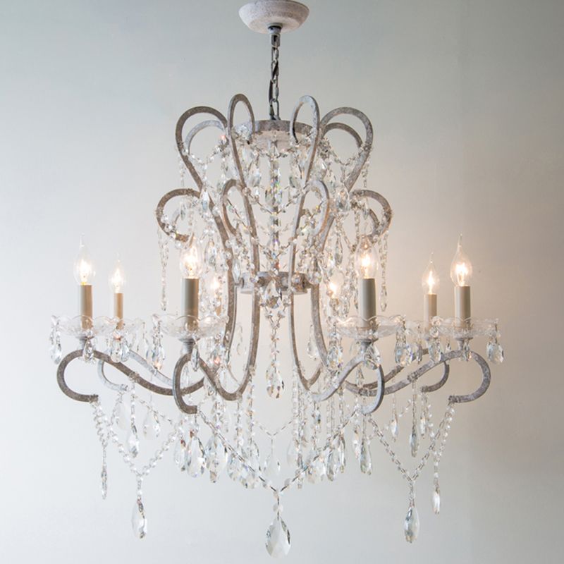Candle Metal Chandelier Pendant Light Vintage Living Room Hanging Light with Crystal Bead Accent