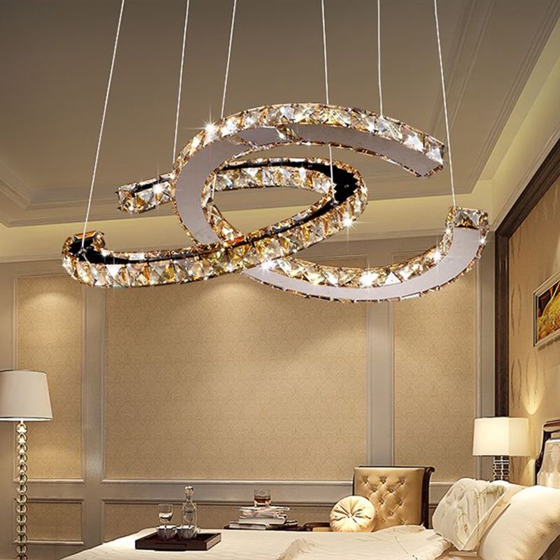 Crystal C Shaped LED Pendant Chandelier Minimalistic Stainless Steel Hanging Ceiling Light