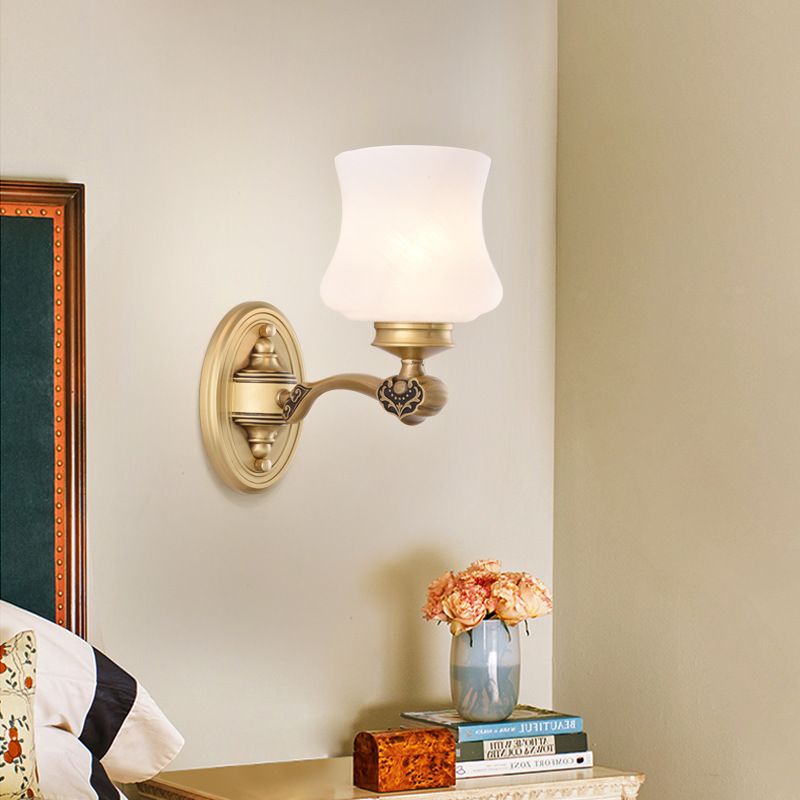 1/2-Head Wall Mount Lighting Vintage Style Bell Shade White Glass Sconce Lamp in Brass for Living Room